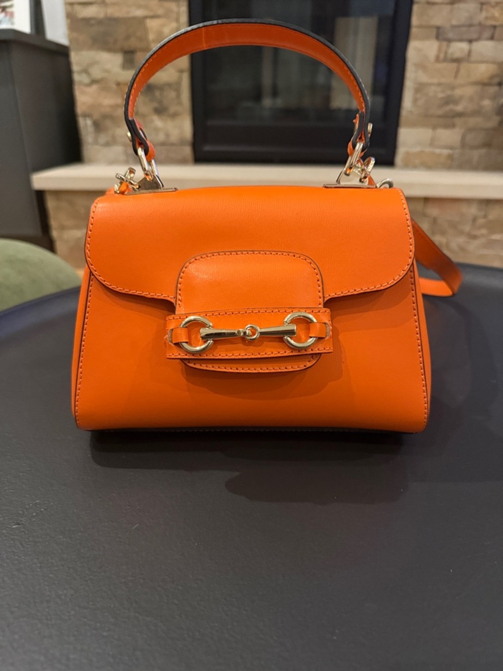 Orange Leather Top-Handle Women's Bag with Gold Hardware